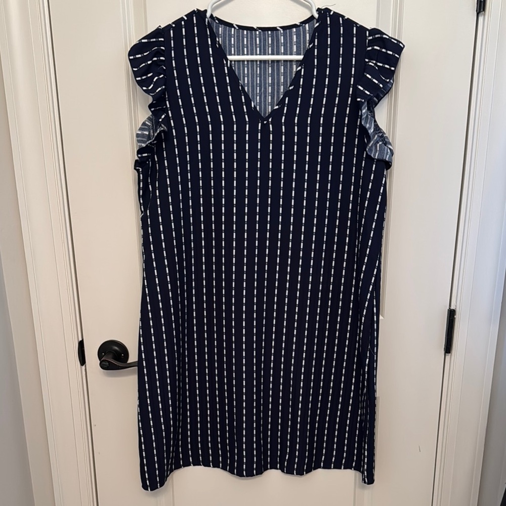SHEIN Blue and White Ruffled‎ Midi Sundress V-Neck